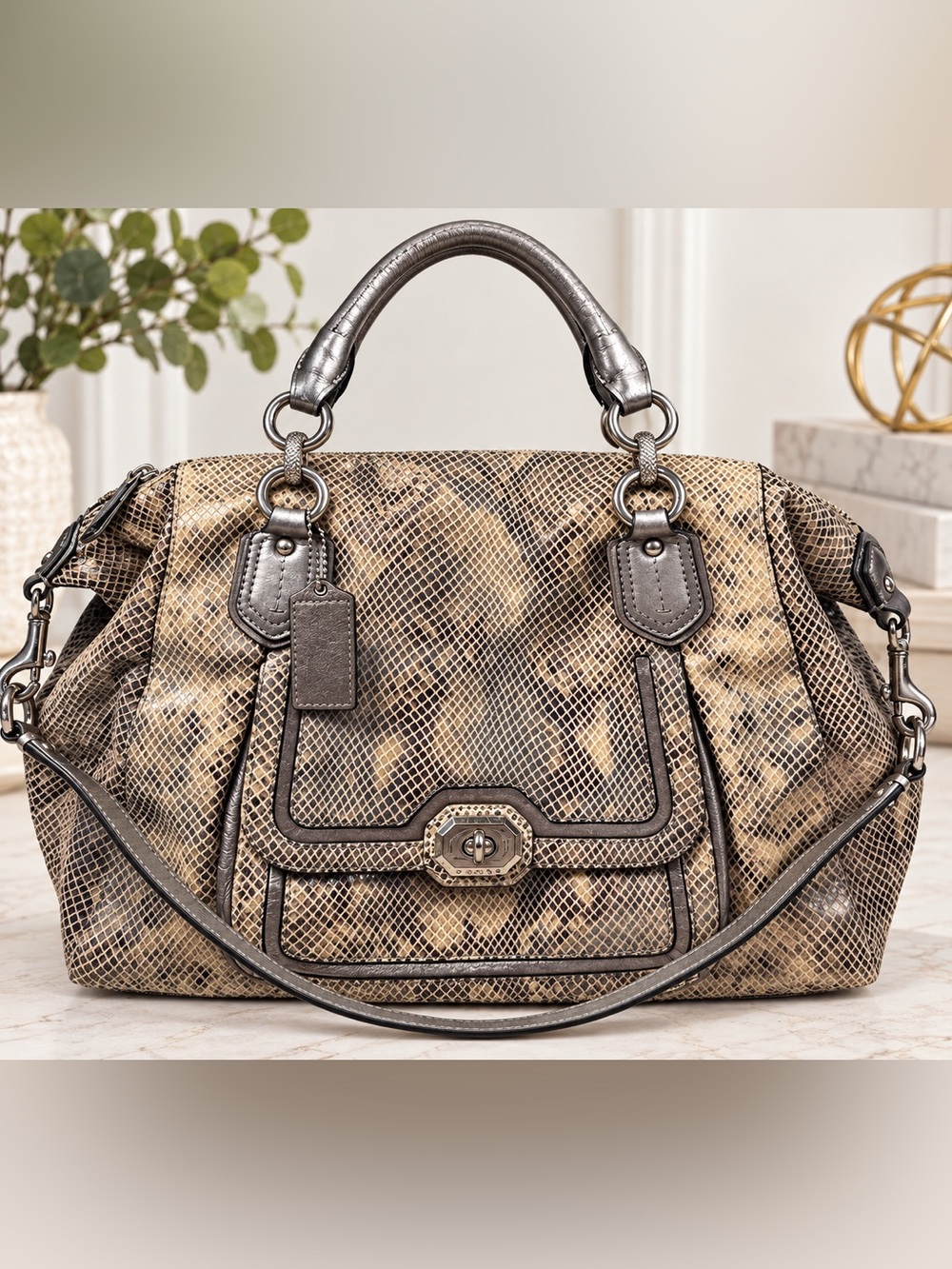 Coach Campbell exotic Metallic Snake-Print Satchel Phyton embossed F26041
